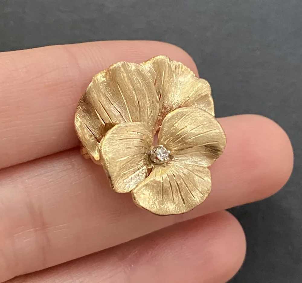 Vintage 14K Gold and Diamond Pansy Flower Pin, Br… - image 2