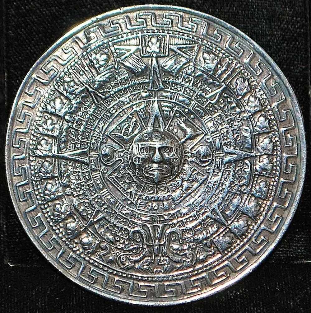 Large Mexican Sterling Silver Aztec Calendar Broo… - image 2