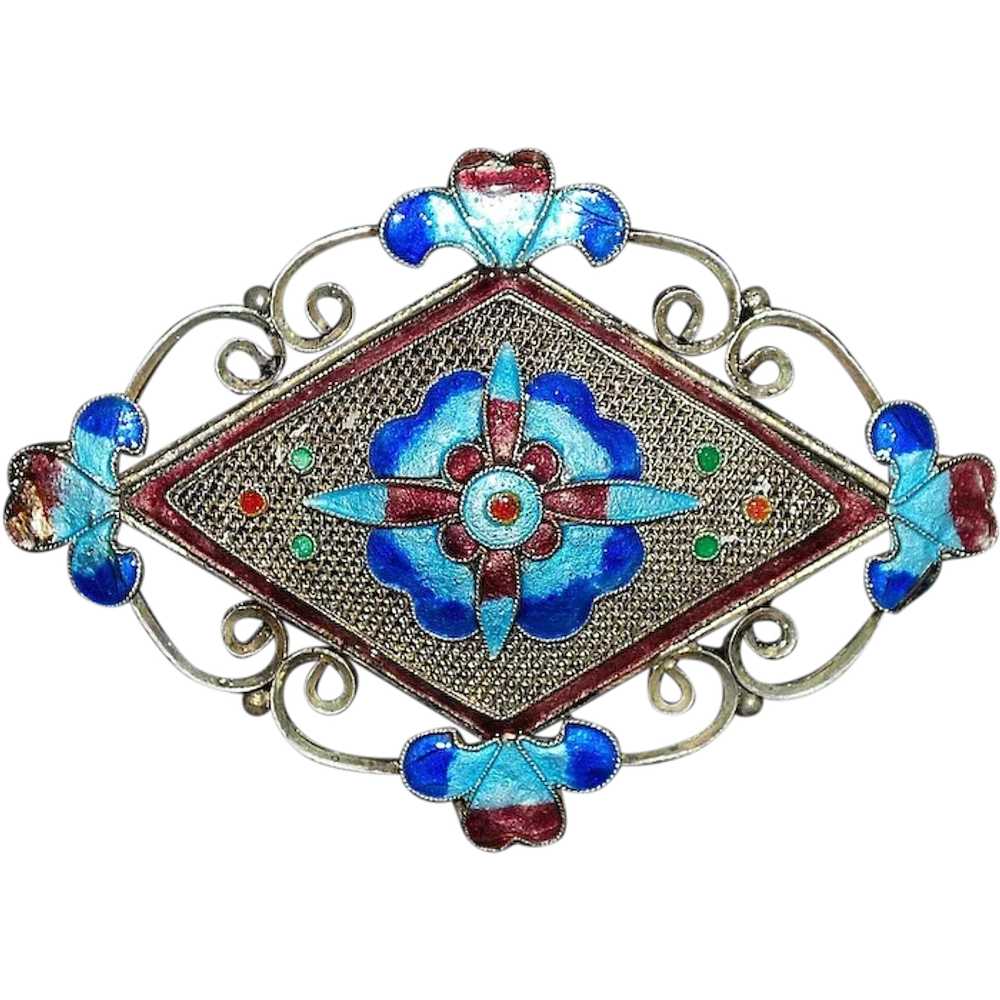 Chinese Silver and Enamel Brooch - image 1