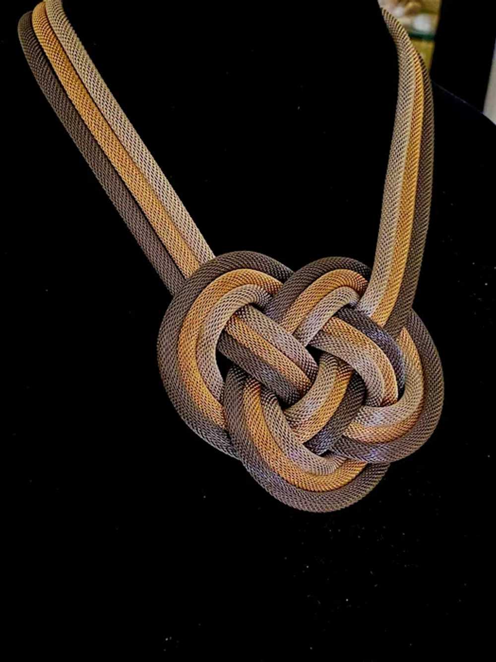 Woven Knot in Three Tone Hollow Metal Mesh Neckla… - image 2