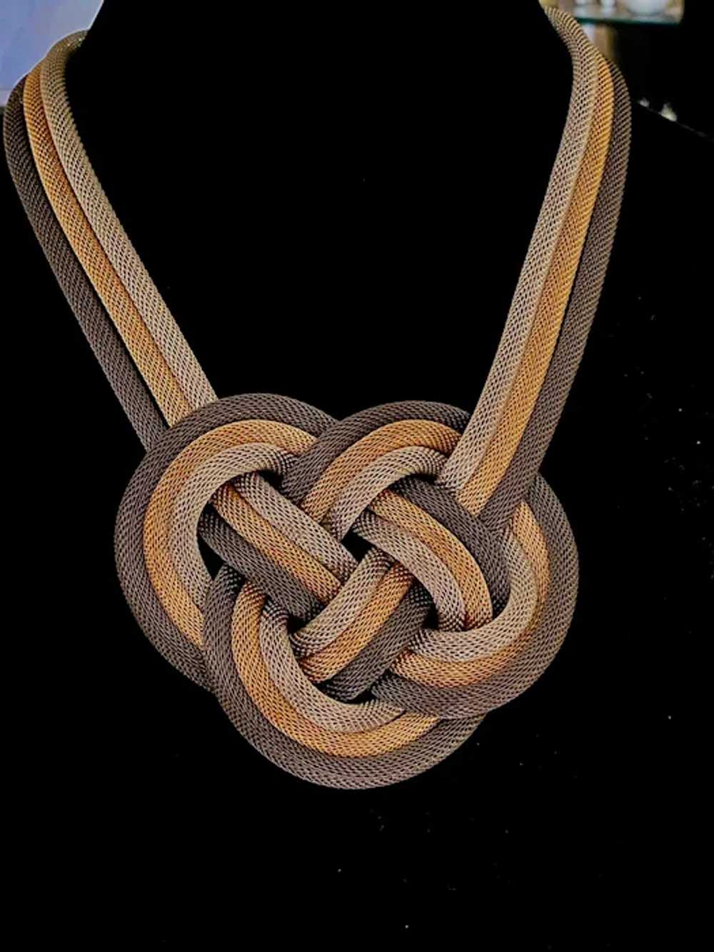 Woven Knot in Three Tone Hollow Metal Mesh Neckla… - image 3