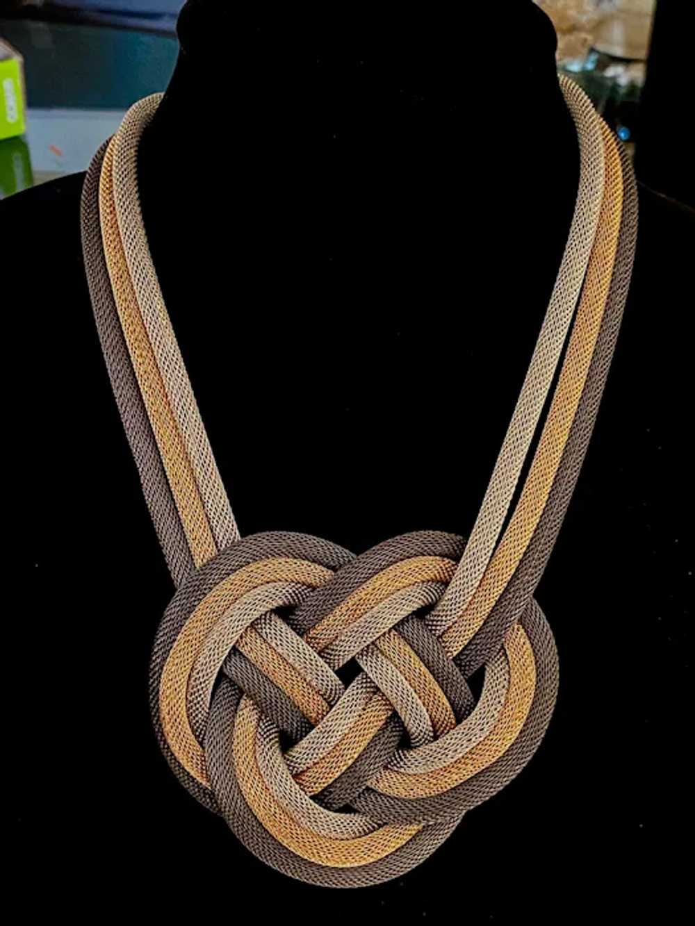 Woven Knot in Three Tone Hollow Metal Mesh Neckla… - image 5