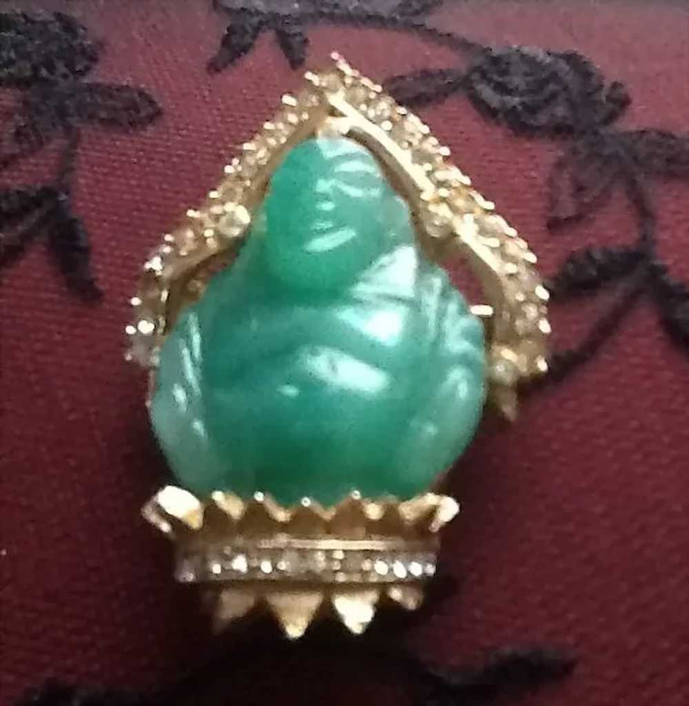 VIntage Carnegie Jade Colored Glass Buddha Brooch - image 2
