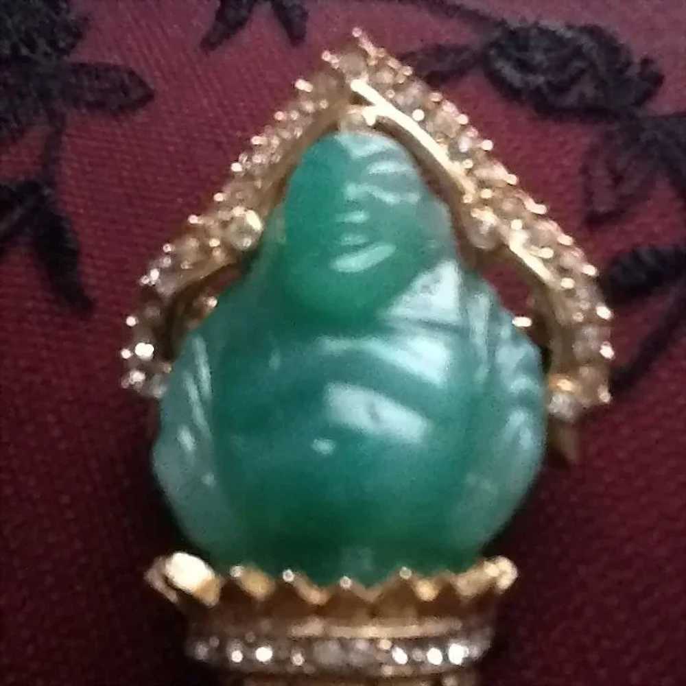 VIntage Carnegie Jade Colored Glass Buddha Brooch - image 4