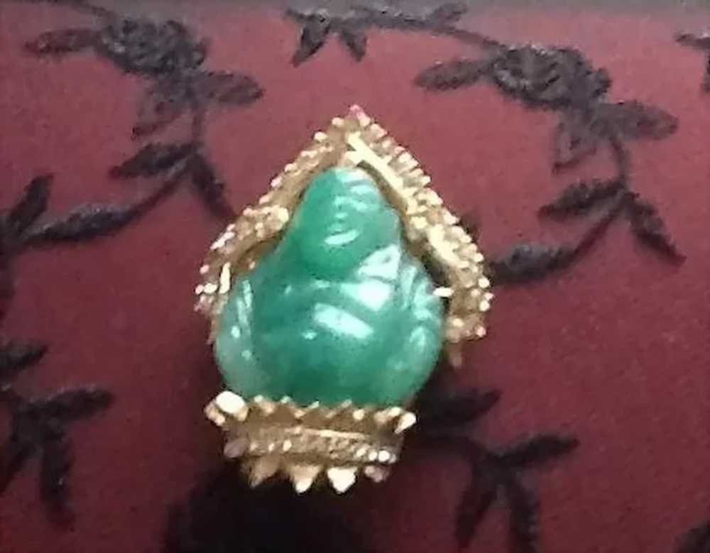 VIntage Carnegie Jade Colored Glass Buddha Brooch - image 7