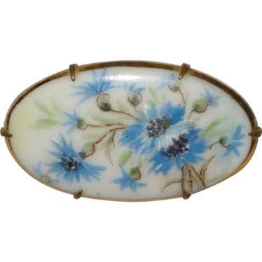 Victorian Hand Painted Porcelain Brooch with Blue… - image 1