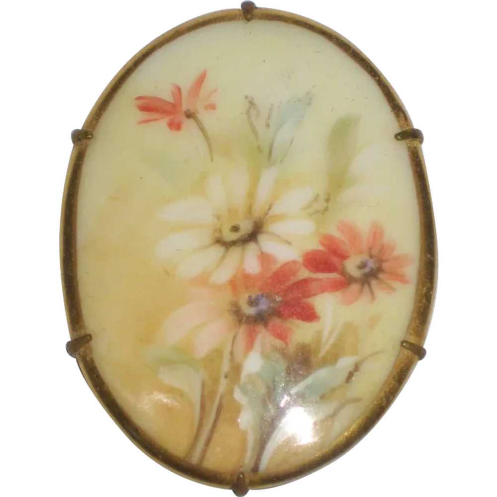 Victorian Hand Painted Porcelain Brooch with Dais… - image 1