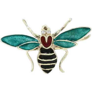 Yellow Gold Diamond & Enamel Winged Insect Brooch… - image 1