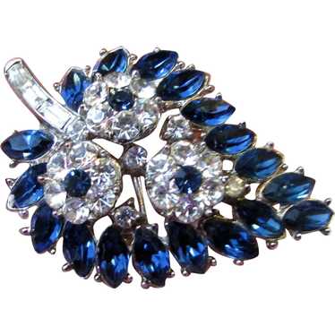 Elegant Silvertone Trafari Leaf Pin w/ Blue & Whi… - image 1