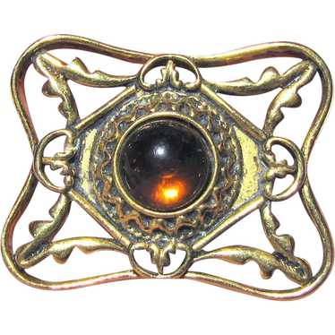 Renaissance Revival Goldtone Brooch w/ Amber Cab - image 1