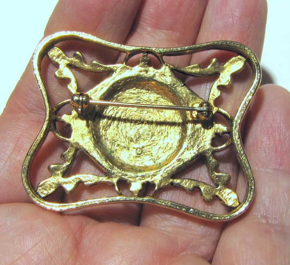 Renaissance Revival Goldtone Brooch w/ Amber Cab - image 2