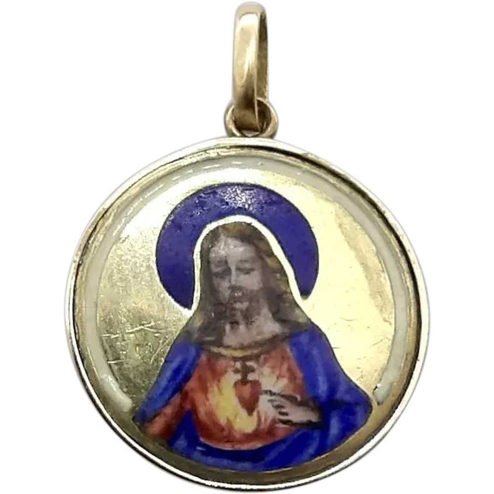 18K Gold Hand-Painted Enamel Jesus Medallion - image 1