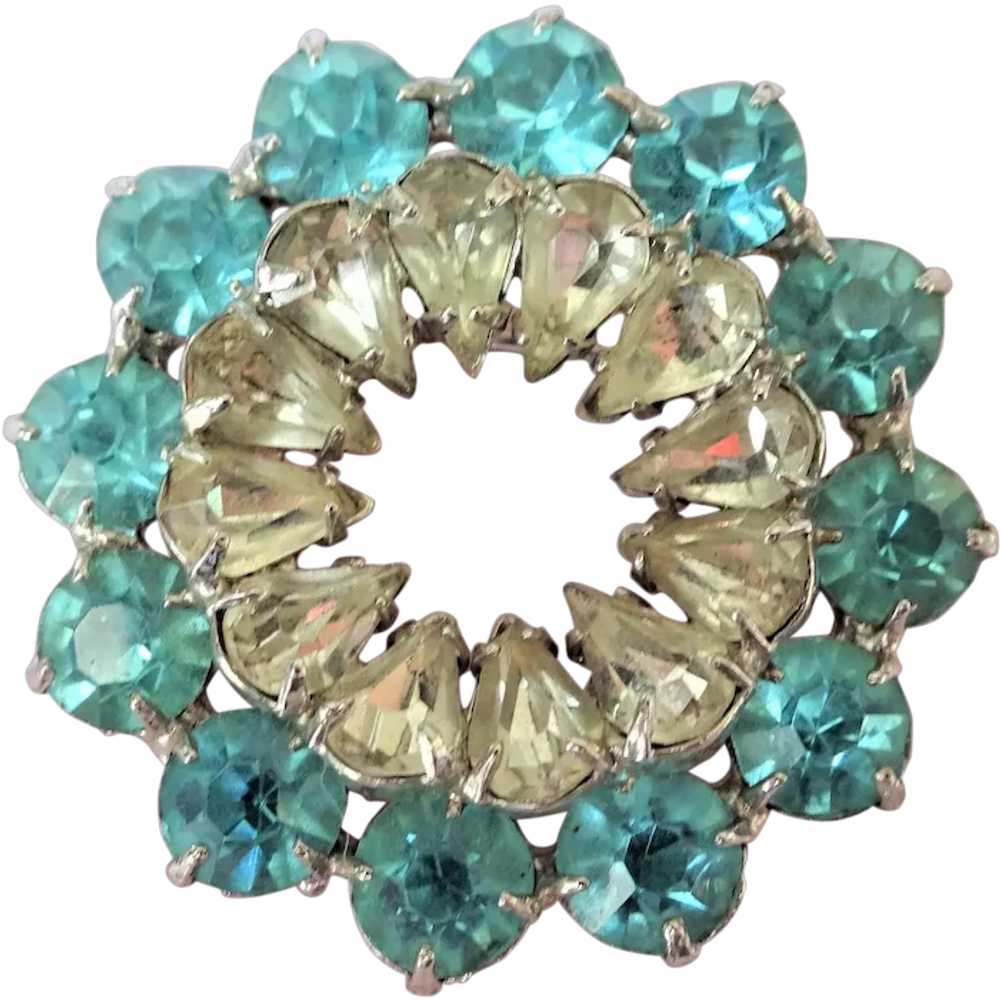 GLITTERING Blue and White Glass Rhinestone Brooch… - image 1