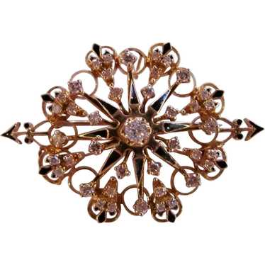 Vintage 14K Gold Diamond Enamel Brooch Dazzling!