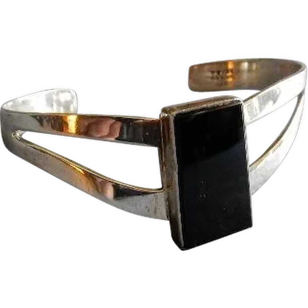 Mexican Modernist Sterling Silver & Onyx "Cuff" B… - image 1