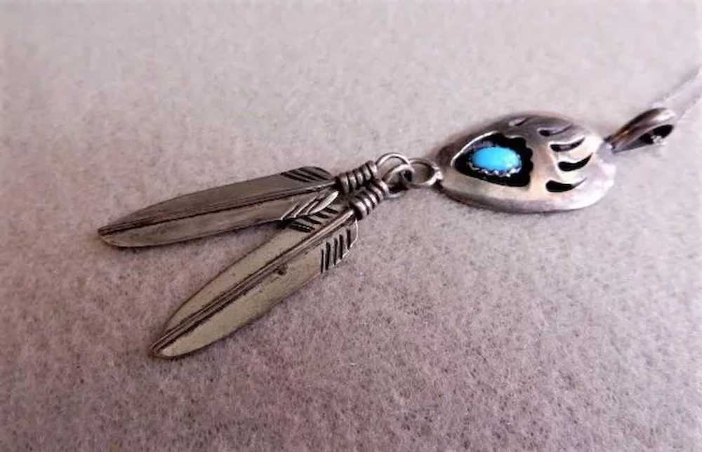 Navajo Bear Claw, Turquoise & Feathers Sterling P… - image 3