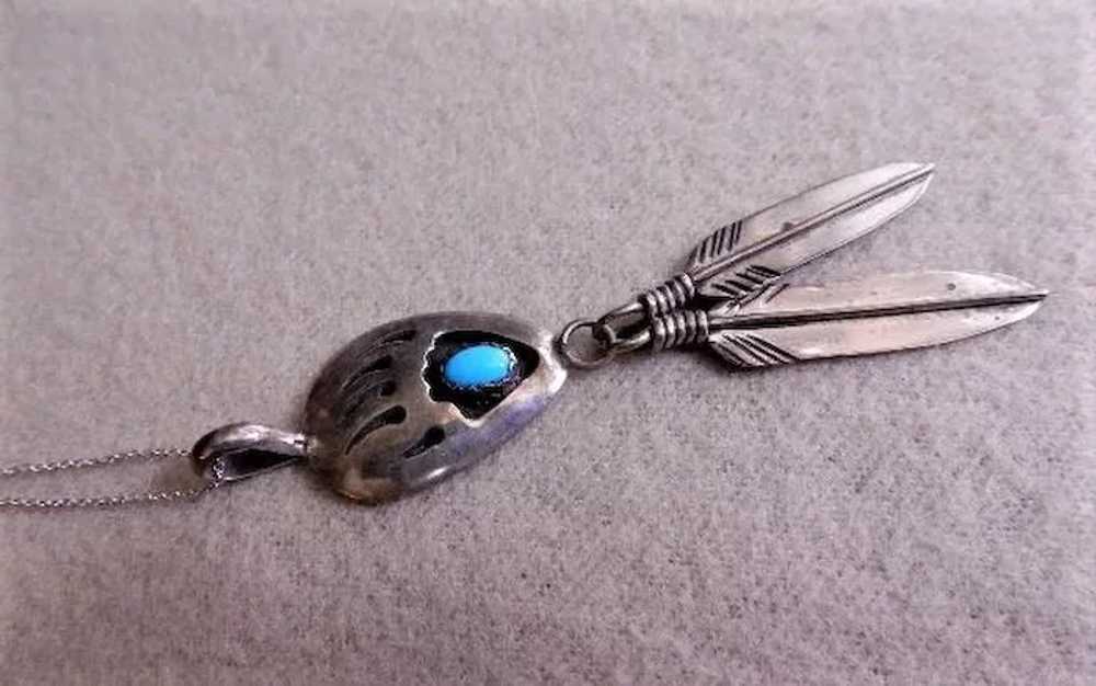 Navajo Bear Claw, Turquoise & Feathers Sterling P… - image 5