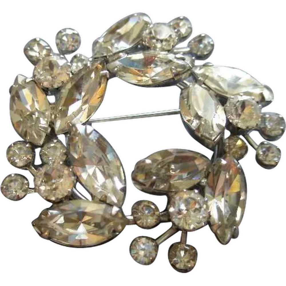 Weiss Wreath-Shape Silver-Tone Brooch w/Diamond R… - image 1