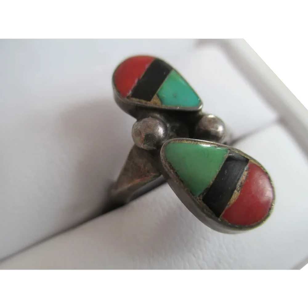 925 Silver Coral, Turquoise, and Onyx Ring - image 1