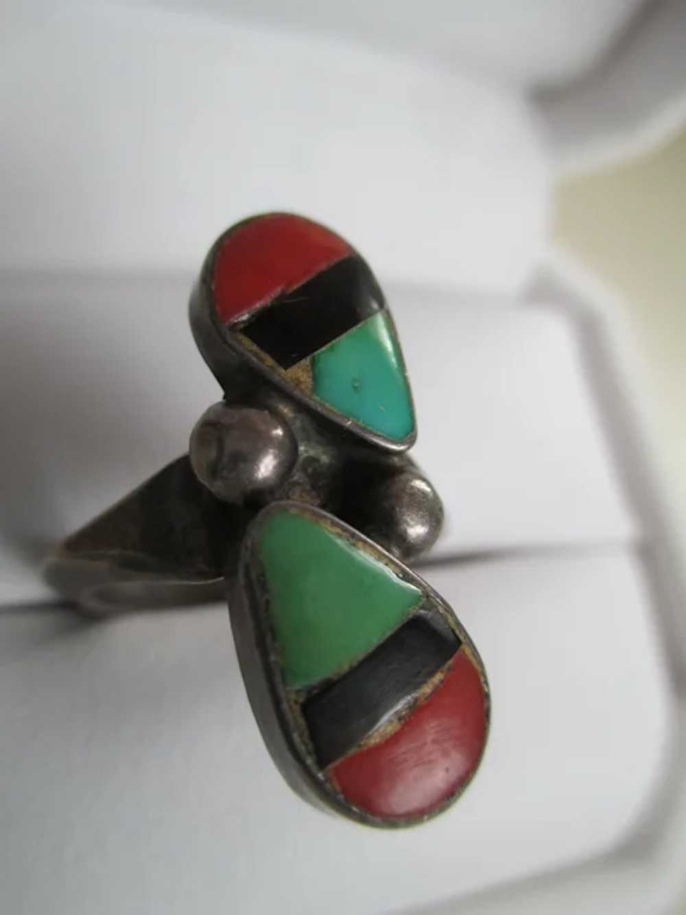 925 Silver Coral, Turquoise, and Onyx Ring - image 3