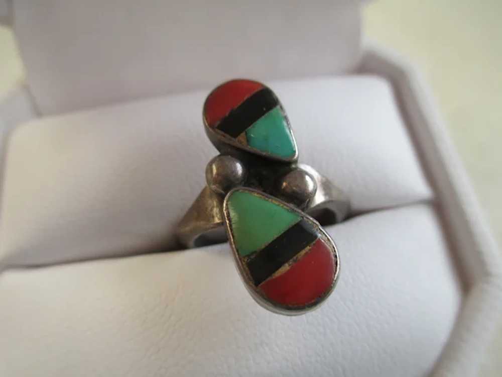 925 Silver Coral, Turquoise, and Onyx Ring - image 4