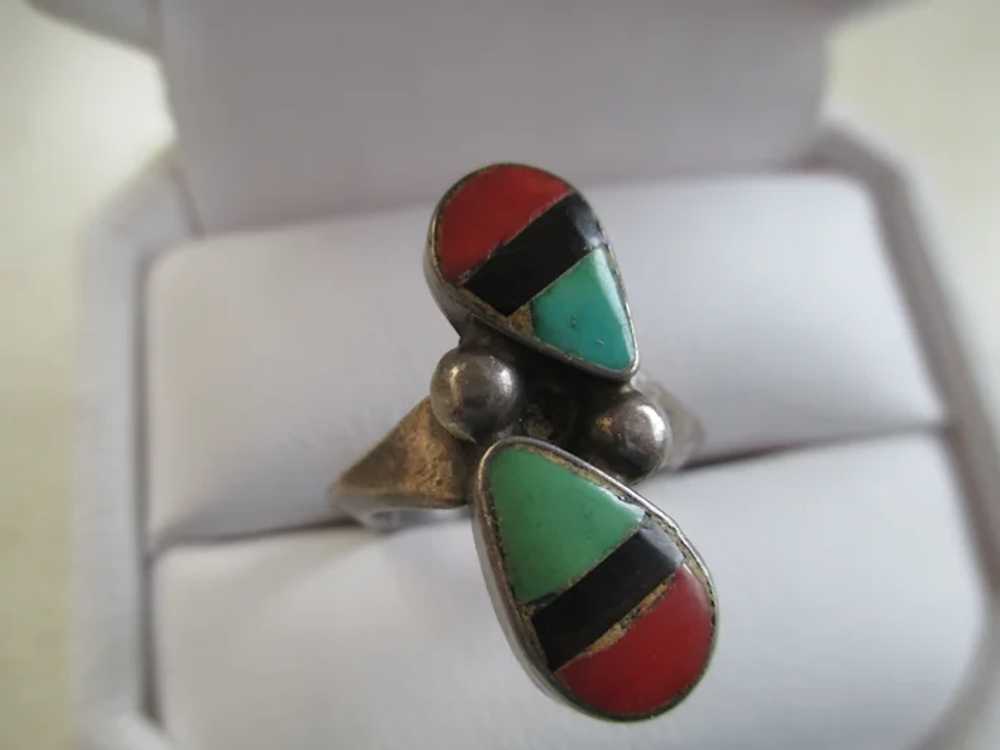 925 Silver Coral, Turquoise, and Onyx Ring - image 5