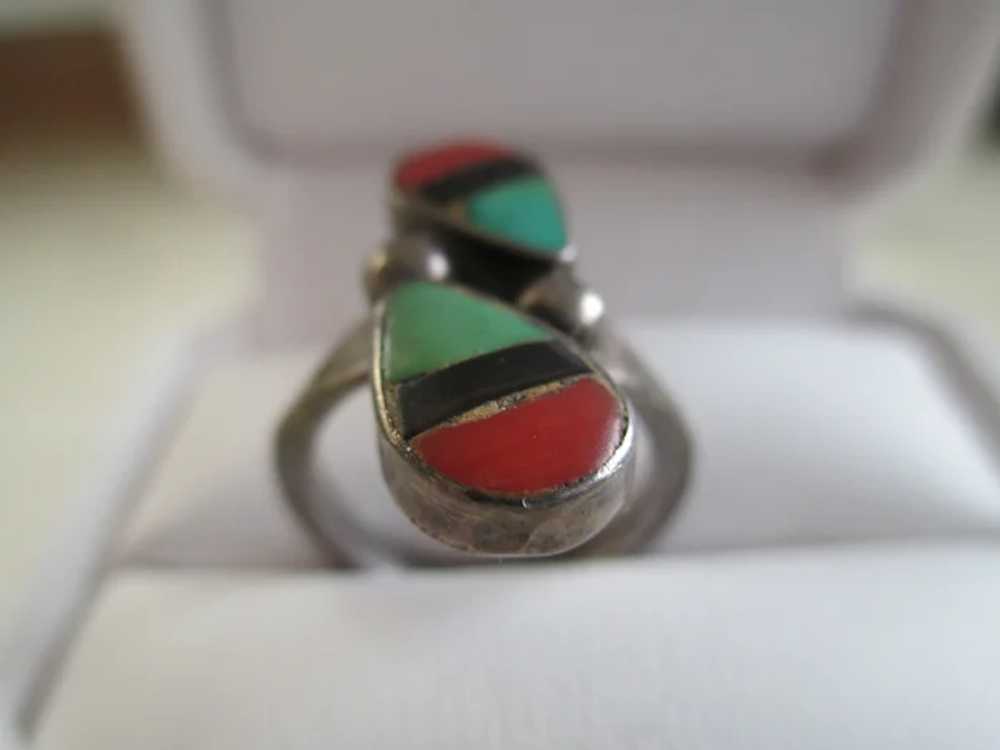 925 Silver Coral, Turquoise, and Onyx Ring - image 6