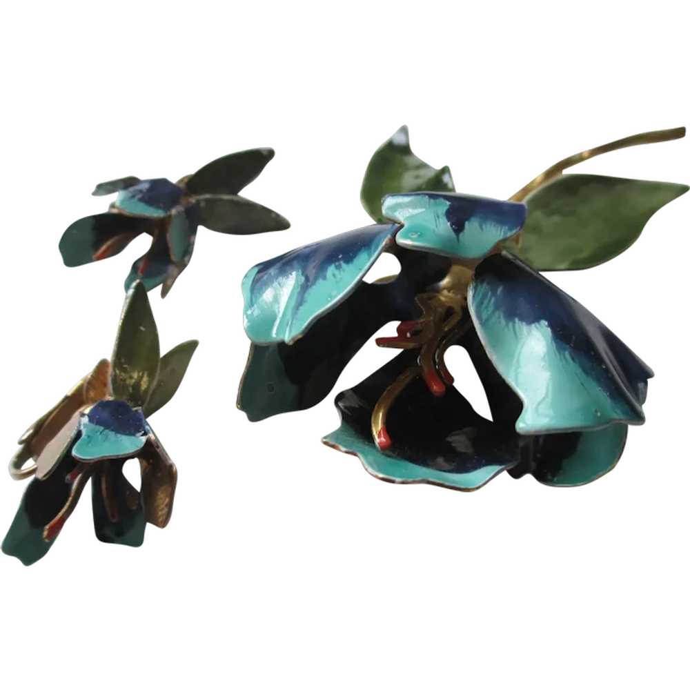 Judy Lee Enamel Orchid Brooch/Earrings - image 1