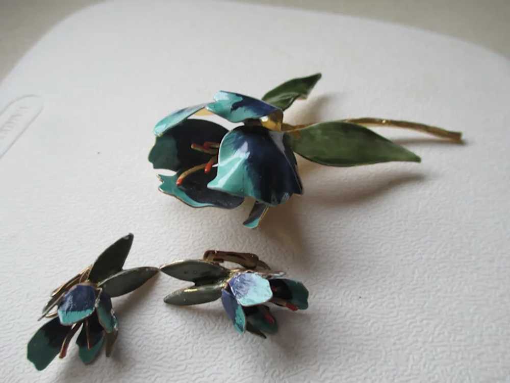 Judy Lee Enamel Orchid Brooch/Earrings - image 4