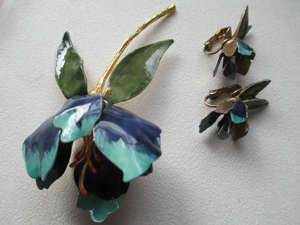 Judy Lee Enamel Orchid Brooch/Earrings - image 7