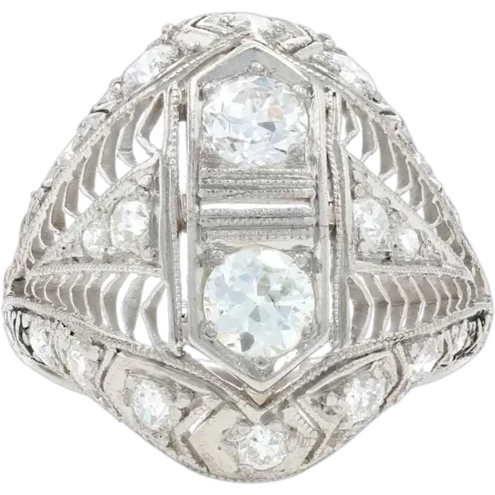 Platinum Diamond Art Deco Ring - European Cut 1.2… - image 1