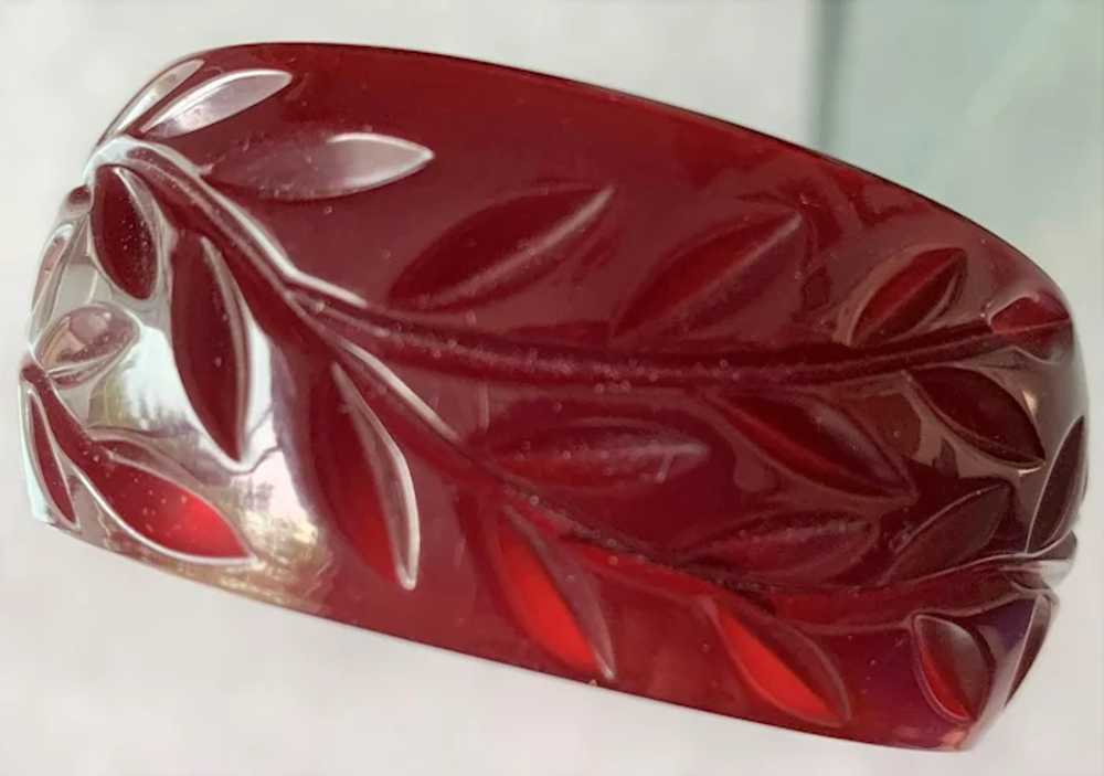 Fabulous Bakelite Cherry Red Carved Leafy Bangle - image 5