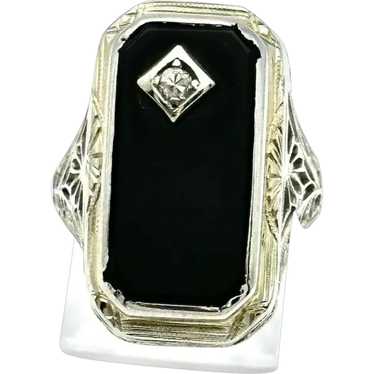 Ladies 18kt Art Deco onyx and diamond filigree ri… - image 1