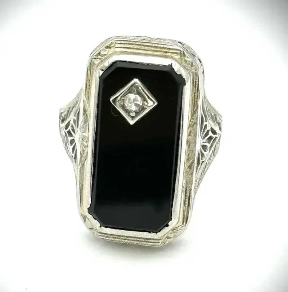 Ladies 18kt Art Deco onyx and diamond filigree ri… - image 7