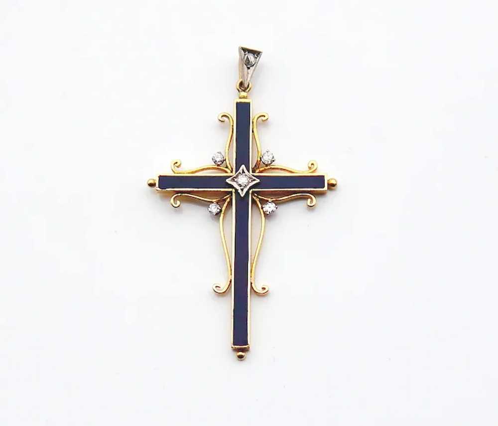 Antique Cross Crucifix Blue Enamel Diamonds solid… - image 2