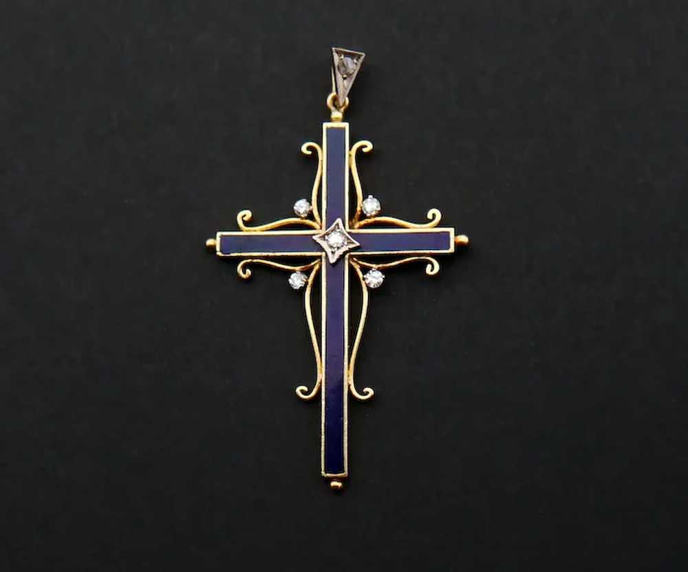 Antique Cross Crucifix Blue Enamel Diamonds solid… - image 6