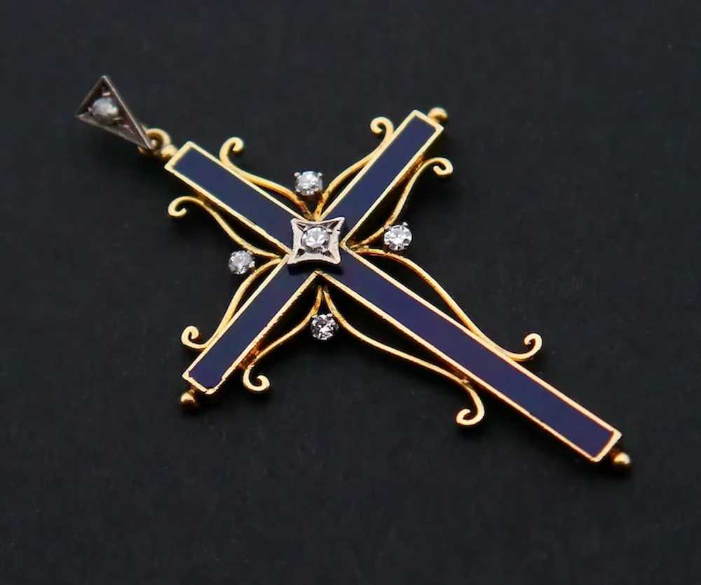 Antique Cross Crucifix Blue Enamel Diamonds solid… - image 7