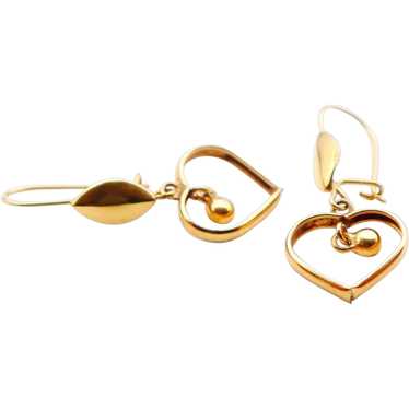 Vintage European Dangle Hearts Earrings solid 21K… - image 1