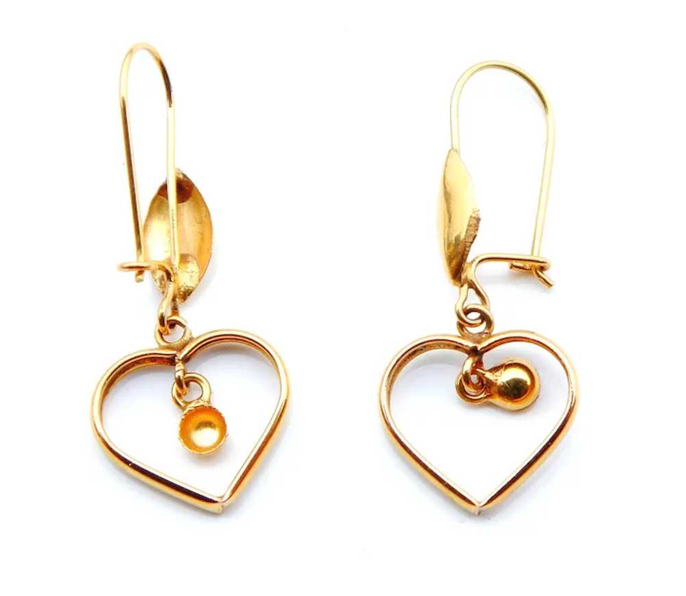 Vintage European Dangle Hearts Earrings solid 21K… - image 3