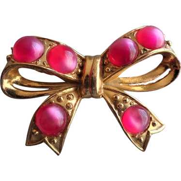 SWEET Vintage Large BOW Brooch,Pink Lucite Moongl… - image 1