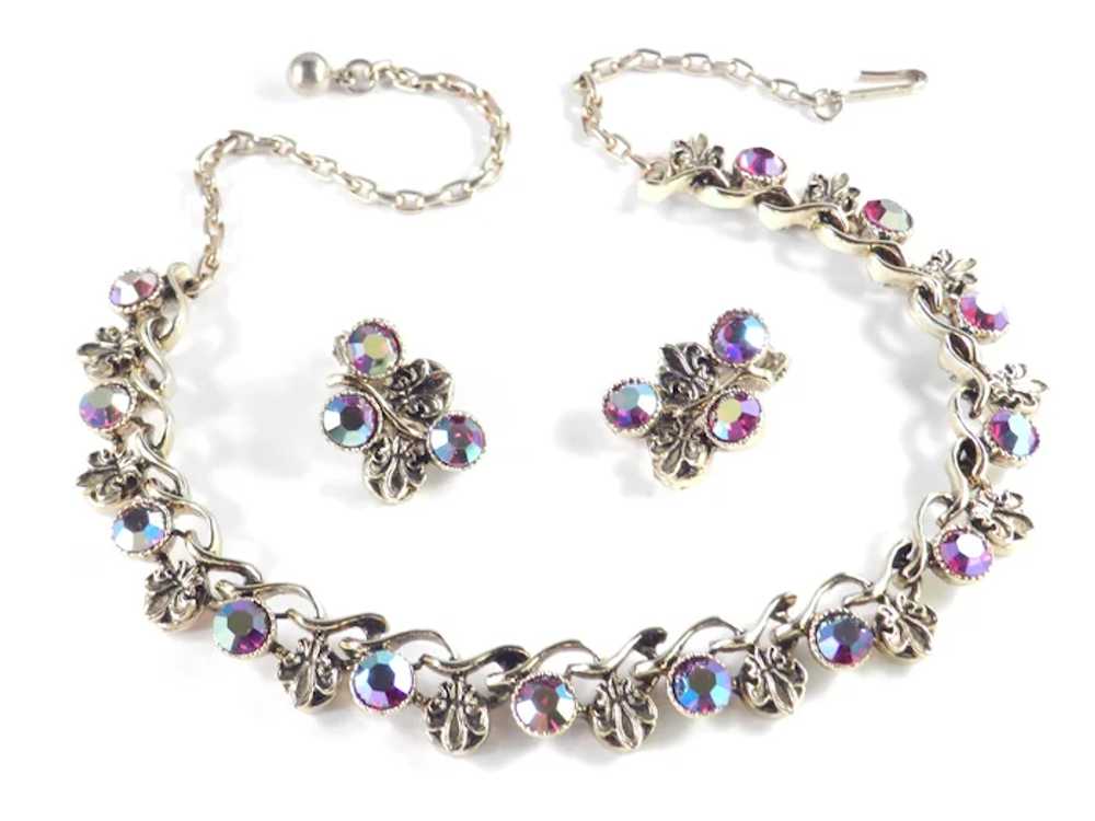Rhinestone Fleur De Lis Necklace Earrings Set - image 2