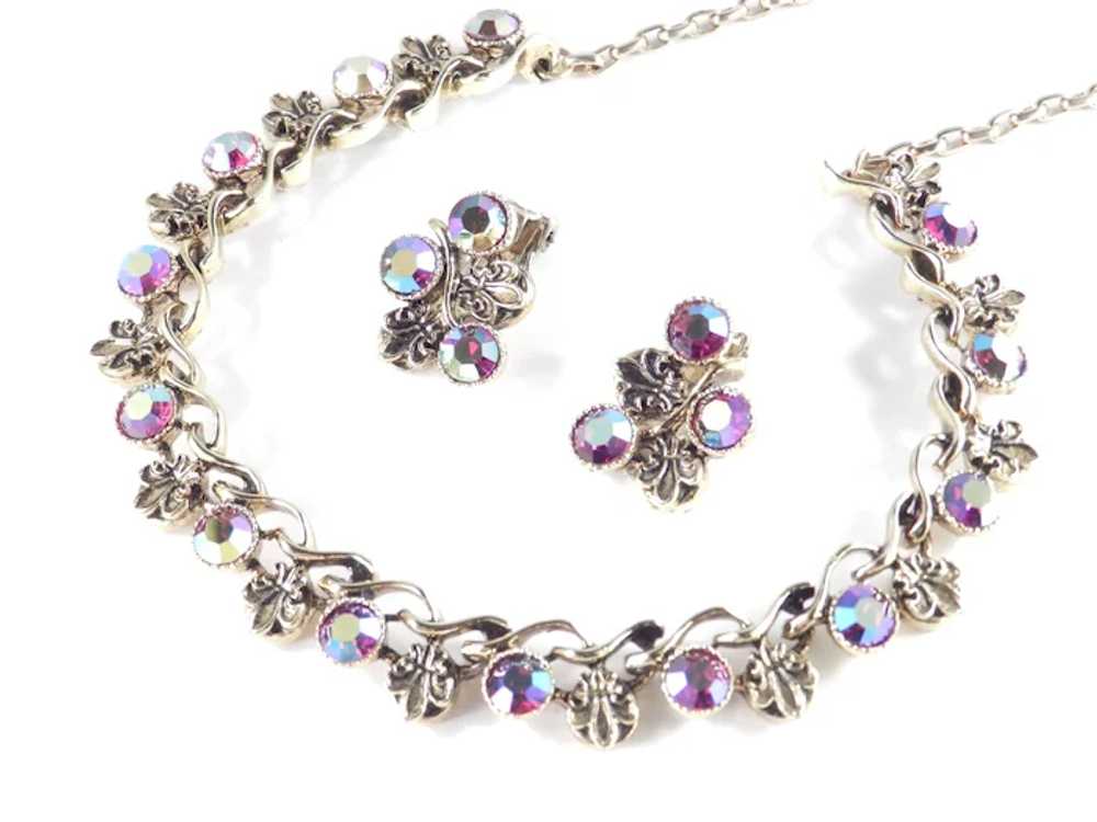 Rhinestone Fleur De Lis Necklace Earrings Set - image 3