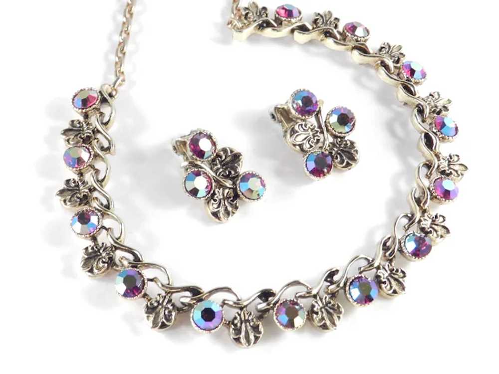 Rhinestone Fleur De Lis Necklace Earrings Set - image 4
