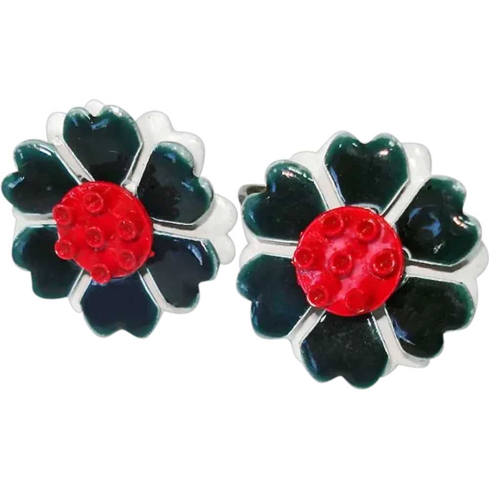 Enameled Metal Red White Blue Flower Clip Earrings - image 1