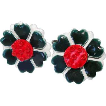 Enameled Metal Red White Blue Flower Clip Earrings - image 1