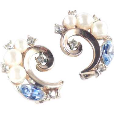 Trifari Rhinestone Faux Pearl Earrings