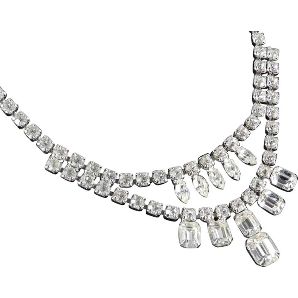 Double Drop Rhinestone Necklace Rhodium Plate - image 1