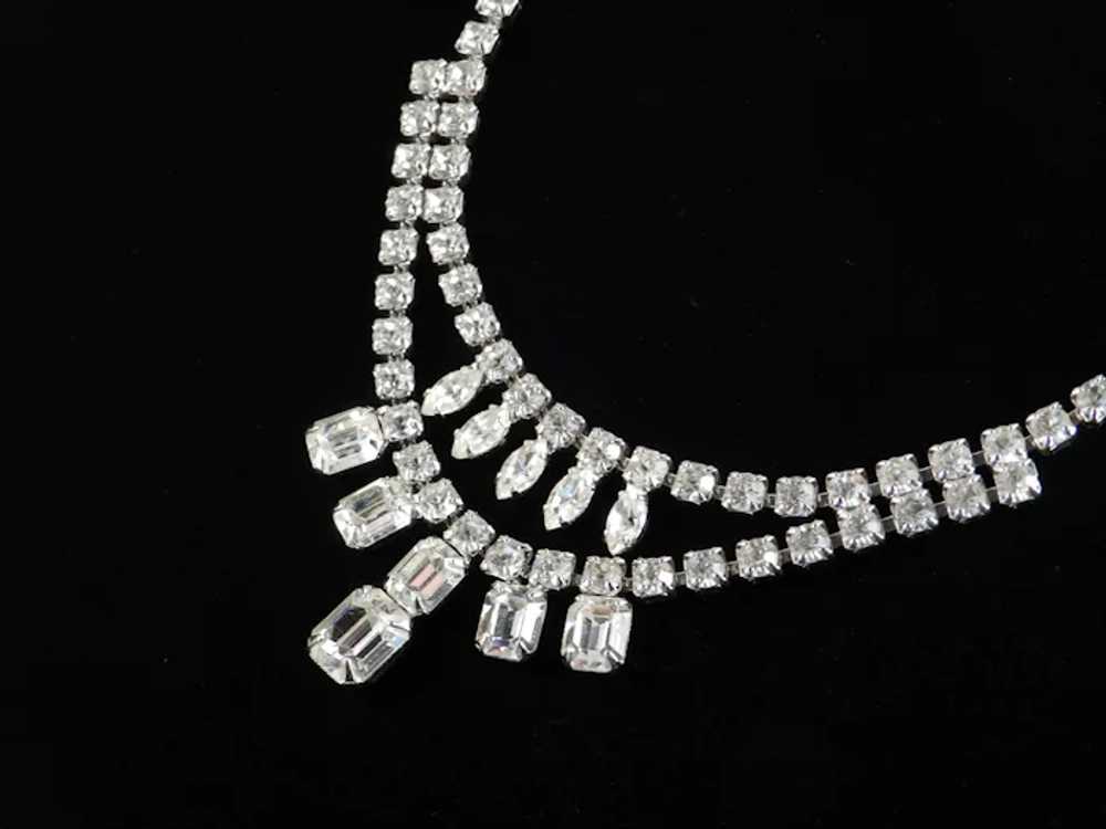 Double Drop Rhinestone Necklace Rhodium Plate - image 3