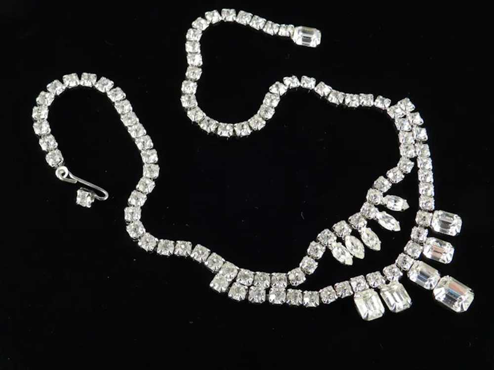 Double Drop Rhinestone Necklace Rhodium Plate - image 4