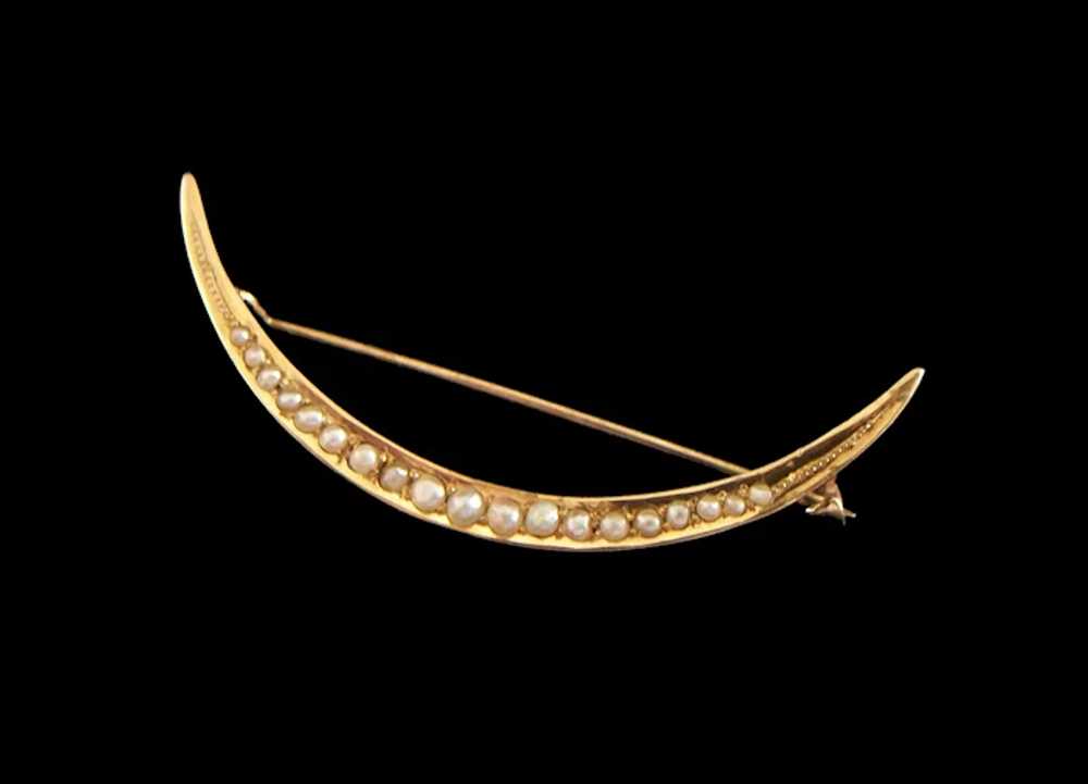 Antique 14K Gold & Graduated Seed Pearl Crescent … - image 2